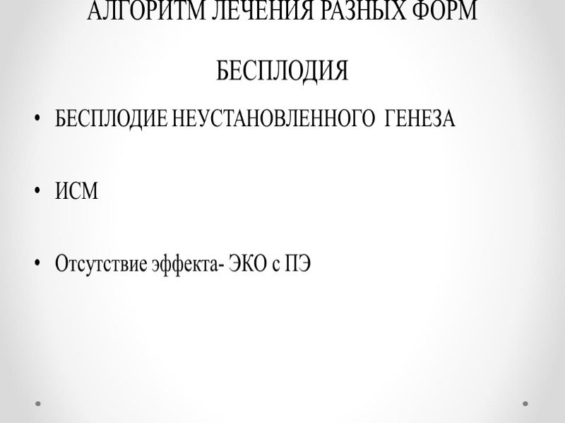 АЛГОРИТМ ЛЕЧЕНИЯ РАЗНЫХ ФОРМ БЕСПЛОДИЯ БЕСПЛОДИЕ НЕУСТАНОВЛЕННОГО  ГЕНЕЗА  ИСМ  Отсутствие эффекта-